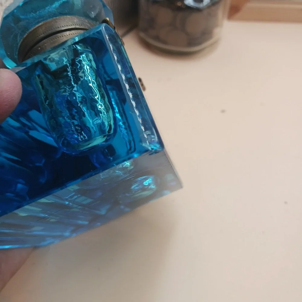 Antique Peacock Blue Glass DOUBLE Inkwell, Late 19th Century Victorian Desk